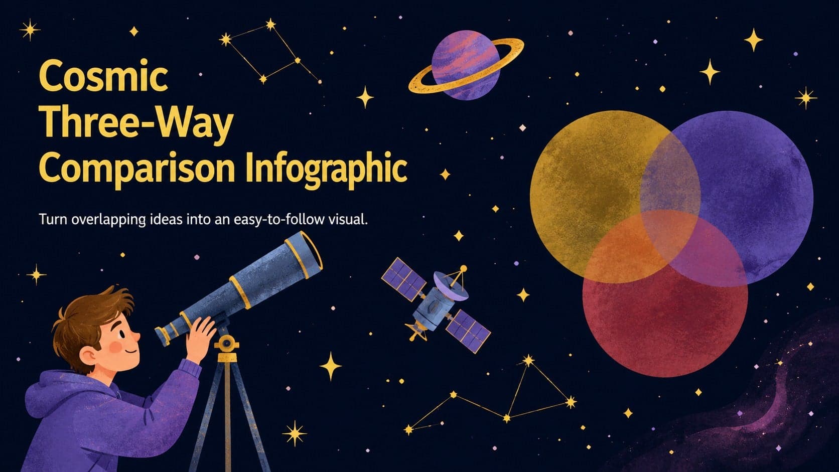 Cover for a cosmic three-way comparison infographic with playful planets, stars, and a dark classroom-friendly space design.
