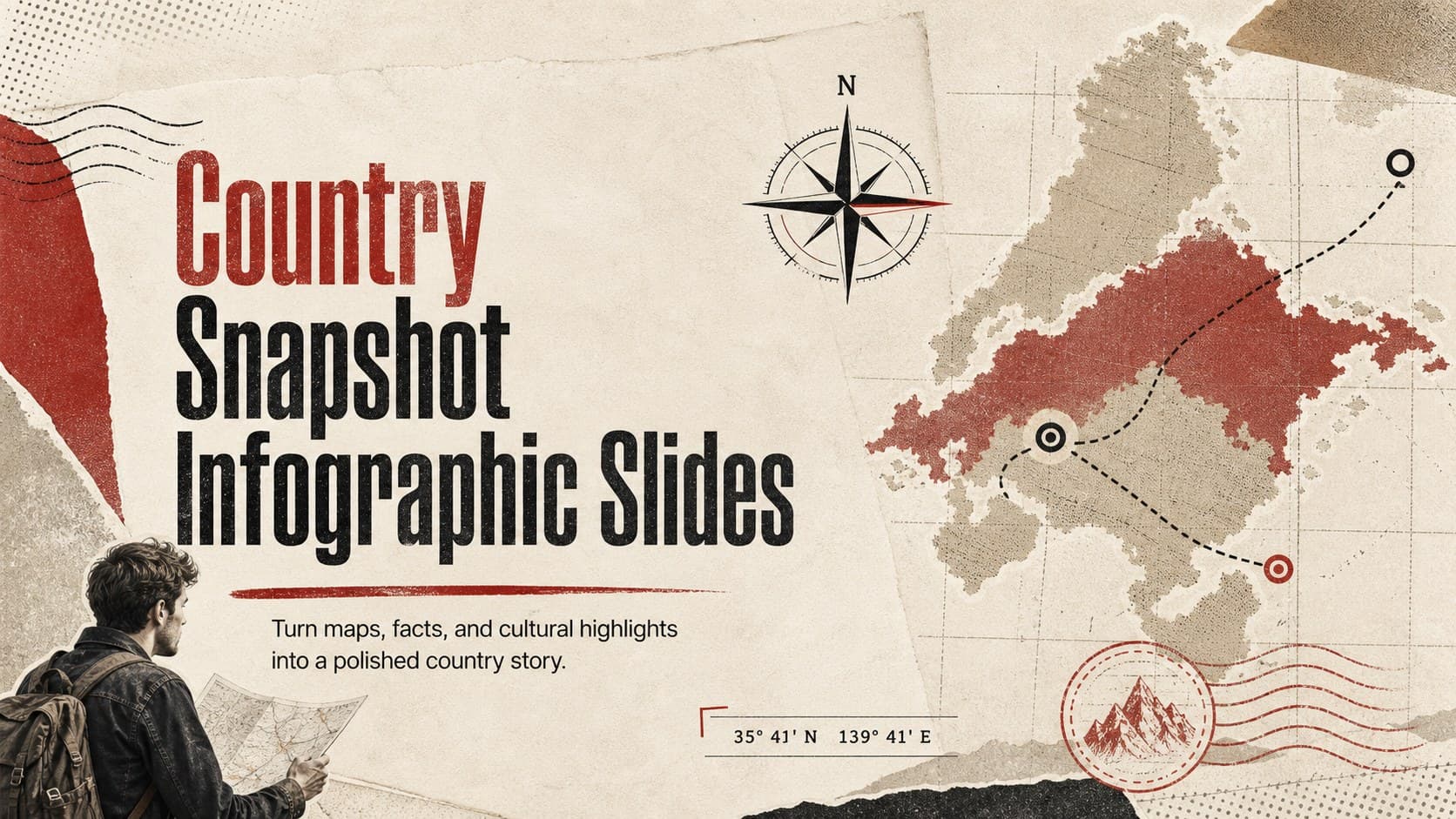 Cover for Country Snapshot Infographic Slides with a stylized map, compass details, and a beige, red, and black vintage palette.
