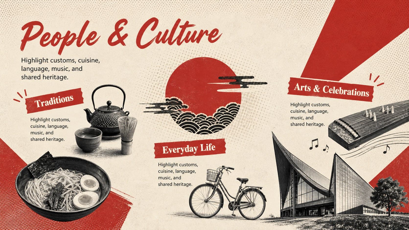 Cultural research presentation slide featuring traditions, food, language, celebrations, and heritage highlights.