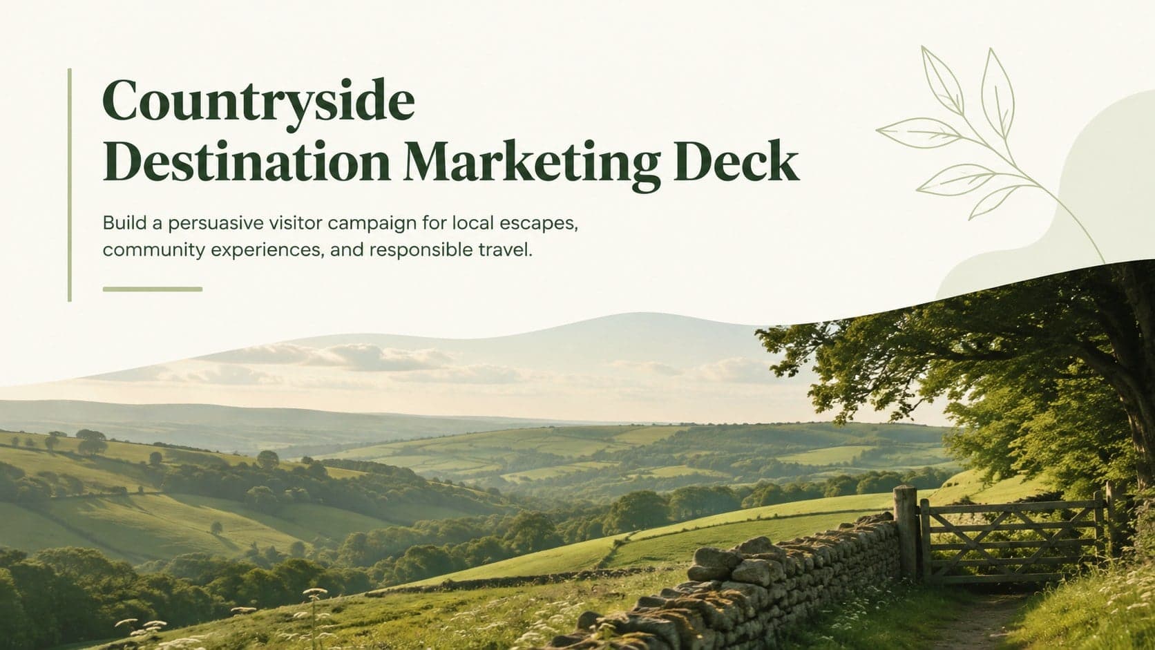 Cover of a countryside destination marketing deck featuring green fields, a village landscape, and minimalist campaign typography.