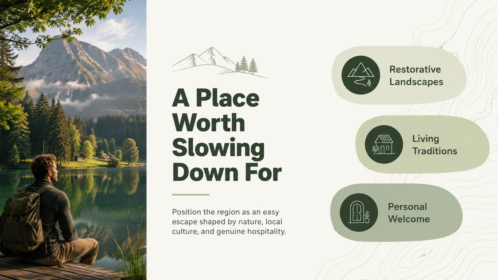 Countryside destination positioning slide with a regional landscape image and three visitor value pillars.