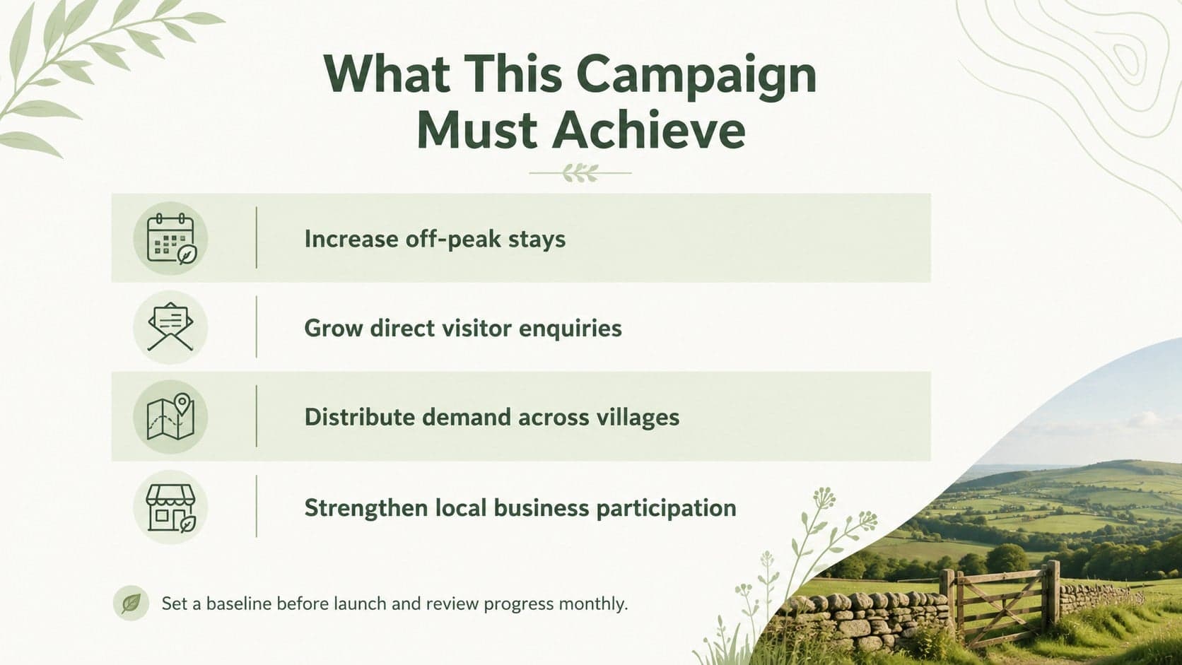 Local tourism marketing slide presenting campaign objectives with minimalist icons and measurable targets.