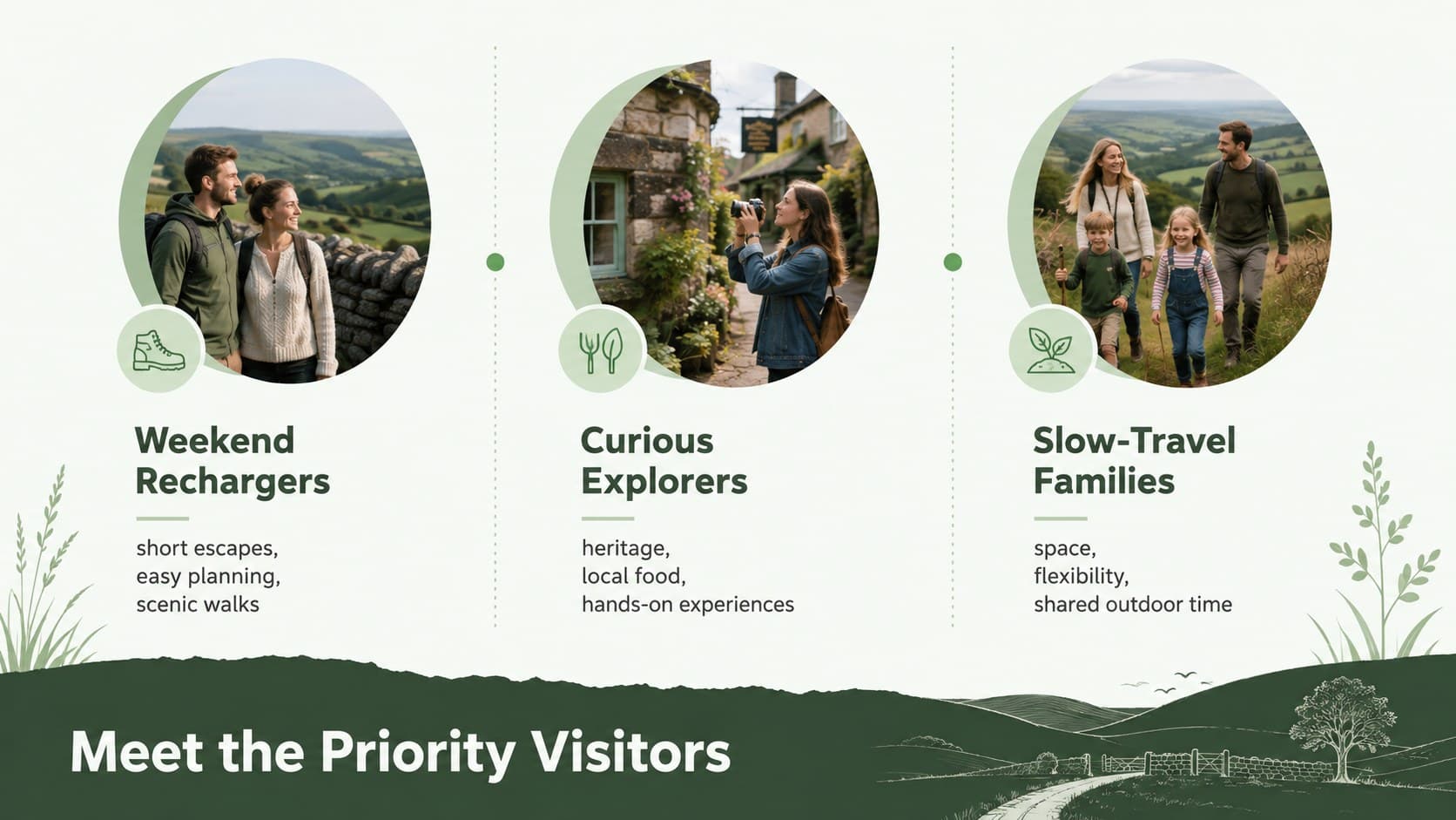 Rural travel promotion presentation showing three visitor audience profiles and their trip motivations.