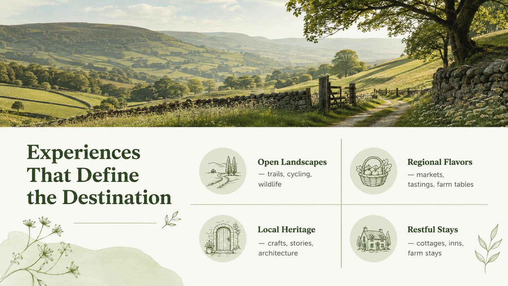 Countryside experience portfolio slide featuring nature, food, heritage, and farm-stay offerings.
