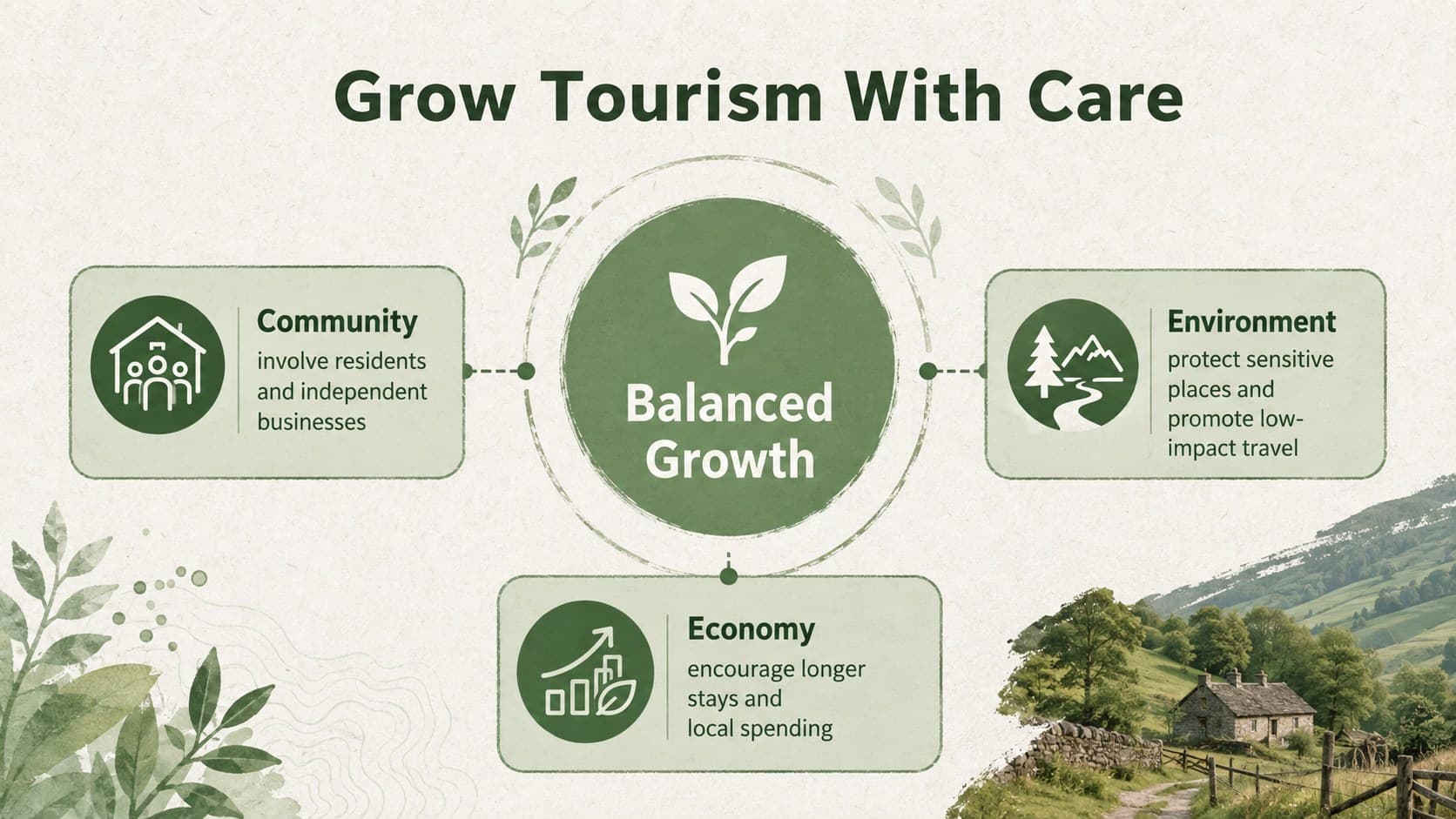 Sustainable destination campaign deck slide outlining community, environmental, and economic commitments.