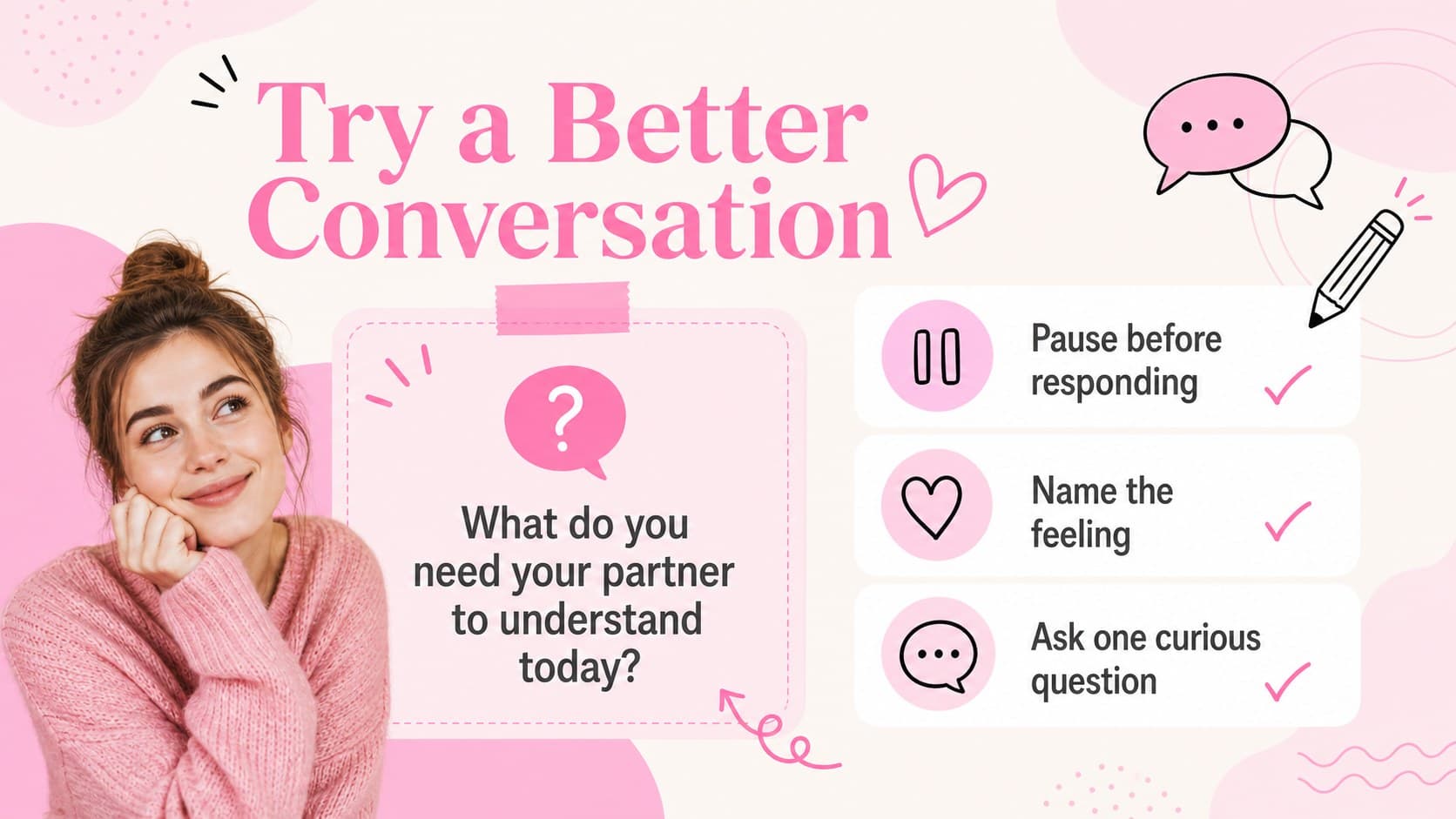 Communication exercises slide with prompt cards and listening reminders for a relationship coaching presentation.