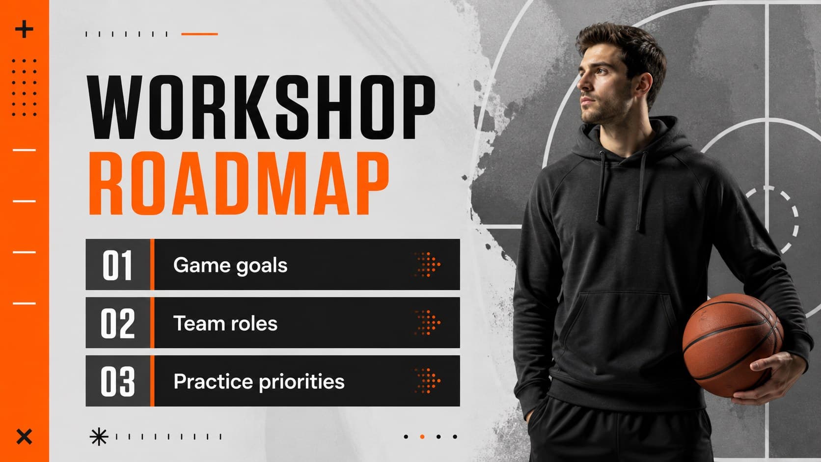 Agenda slide outlining basketball coaching workshop sections in an editable sports strategy deck.