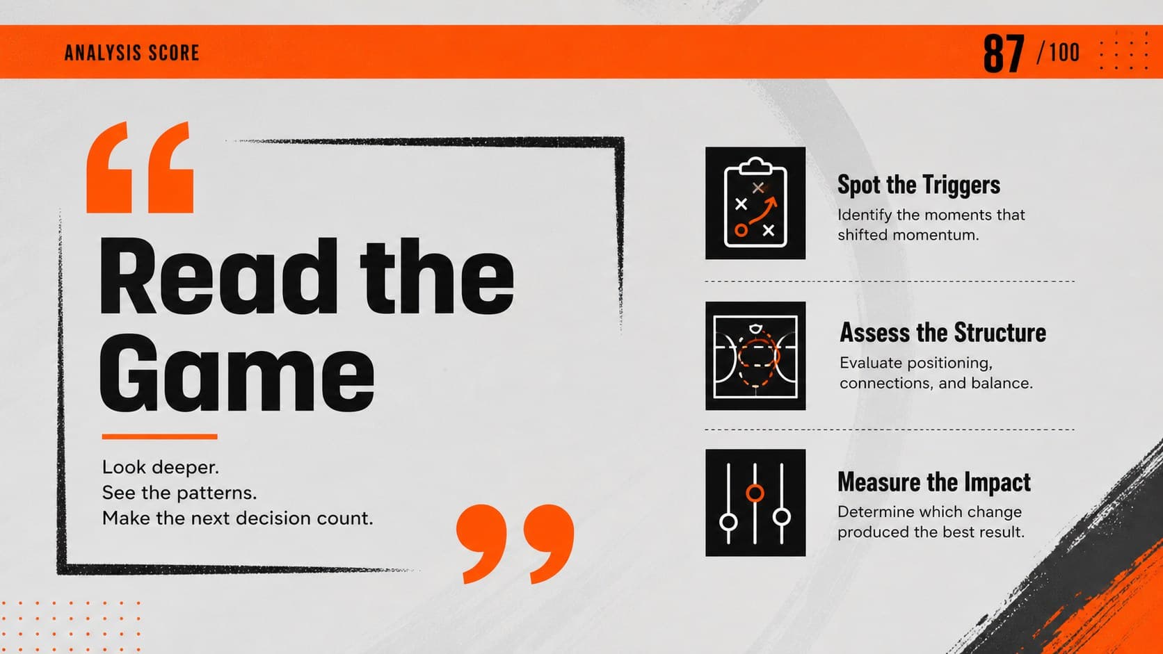 Game review slide with editable basketball performance notes and charcoal-orange data highlights.