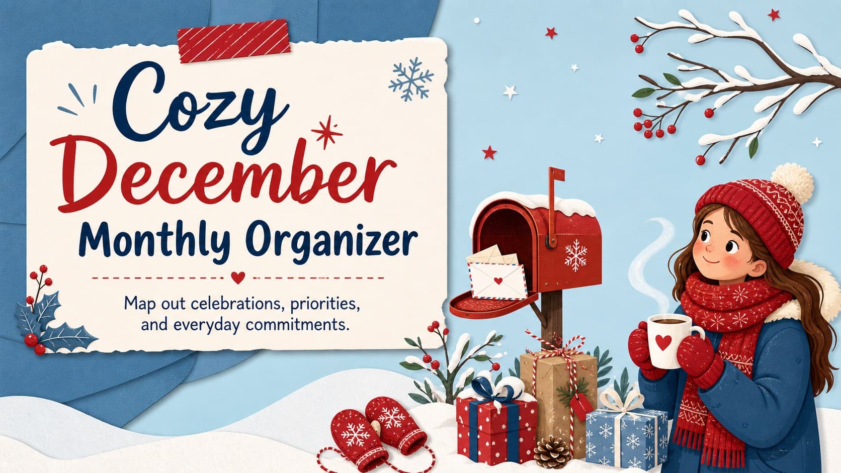 Cover of the Cozy December Monthly Organizer with cheerful blue and red winter illustrations.