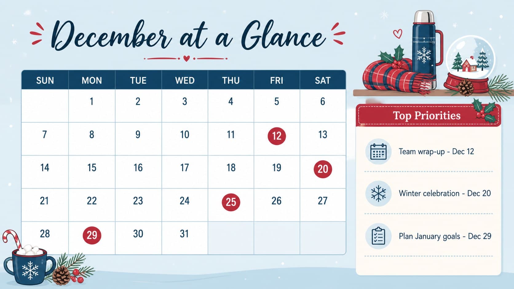 Editable December agenda template showing a monthly calendar with priorities and holiday reminders.