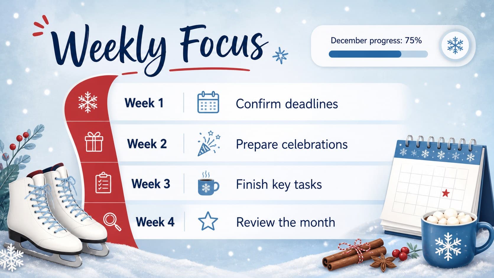 Winter monthly schedule presentation with weekly priorities, deadlines, and personal tasks.