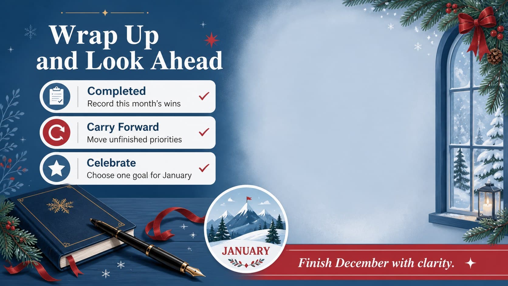December productivity organizer slide for reviewing accomplishments and preparing next month's goals.
