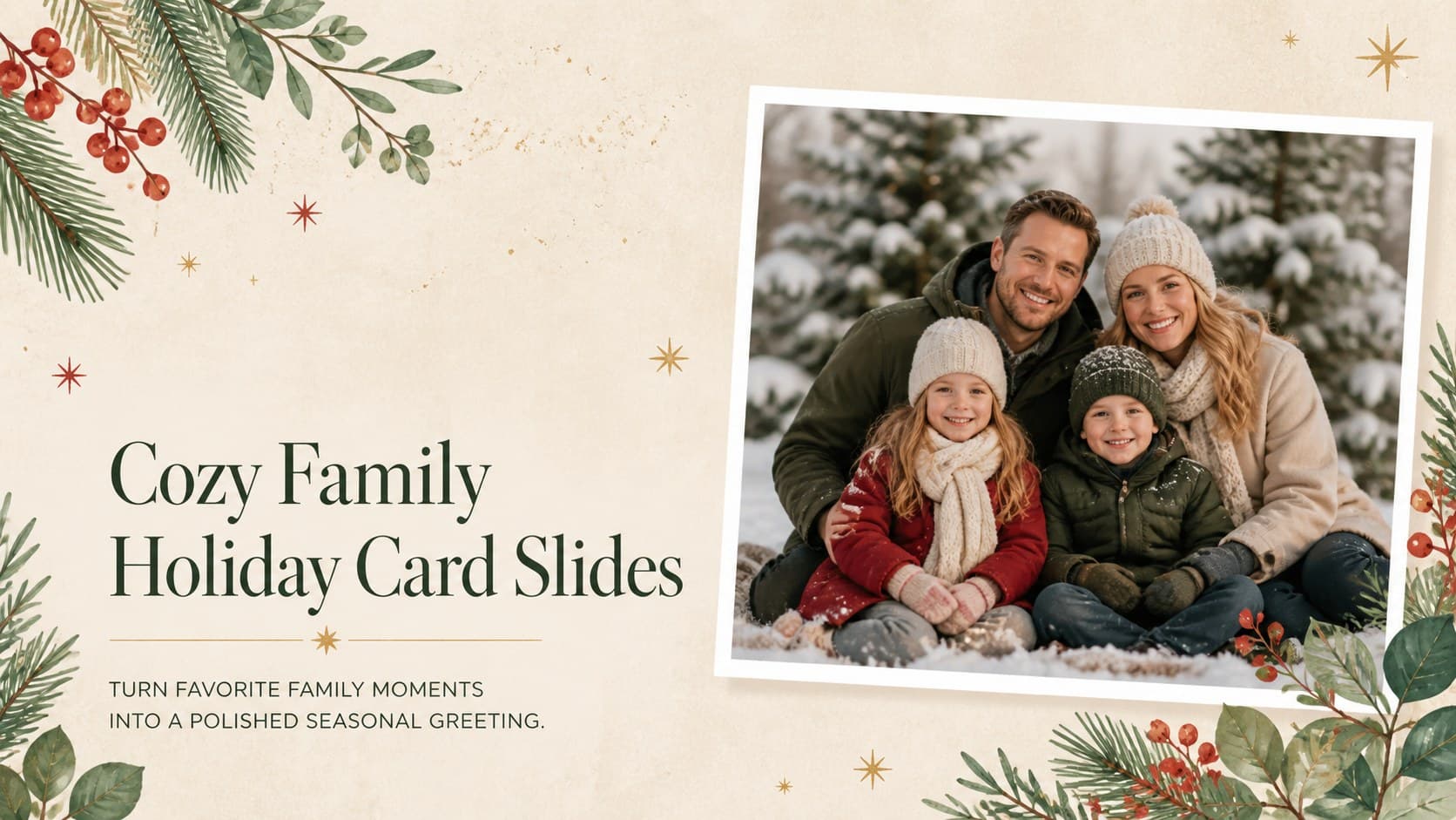Cover for Cozy Family Holiday Card Slides with a warm family photograph, evergreen accents, and a beige, red, and green palette.