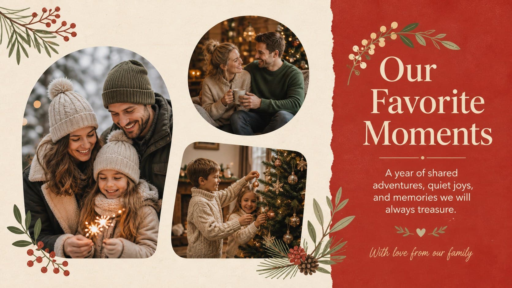 Editable family Christmas greeting slide featuring an asymmetrical photo collage and a heartfelt seasonal message.