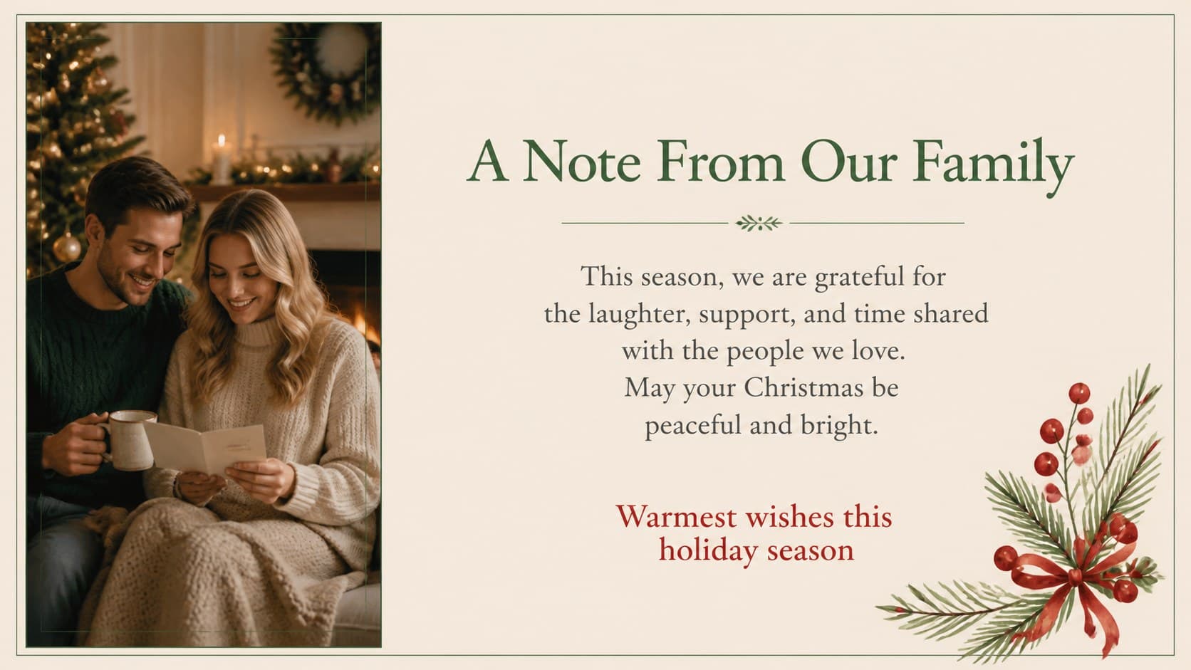 Minimalist Christmas photo card template with a personal family update, portrait image, and festive red and green details.