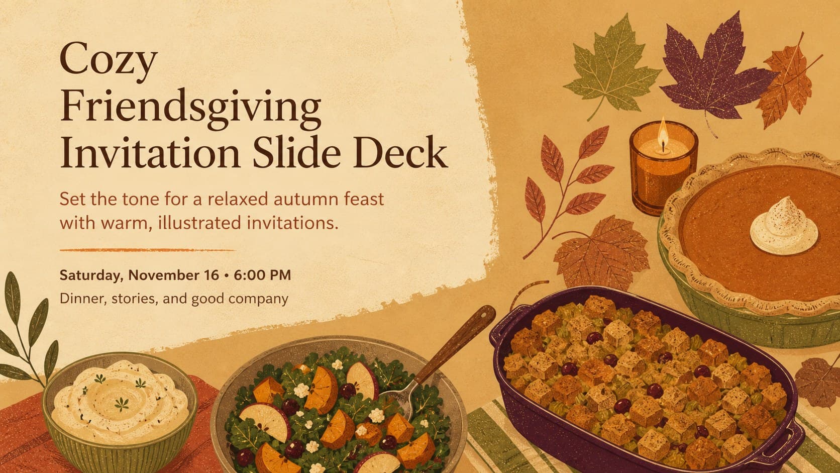 Cover of a cozy Friendsgiving invitation slide deck with warm risoprint food illustrations and autumn event details.