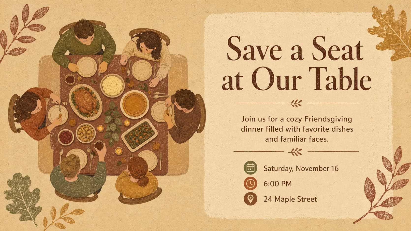 Editable Friendsgiving invitation slide showing the dinner date, time, location, and a rustic autumn table illustration.
