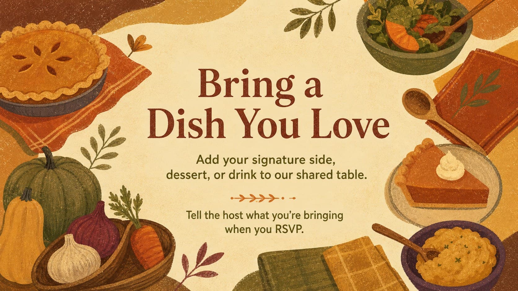 Friendsgiving potluck invitation presentation slide with illustrated side dishes and a clear bring-a-dish message.