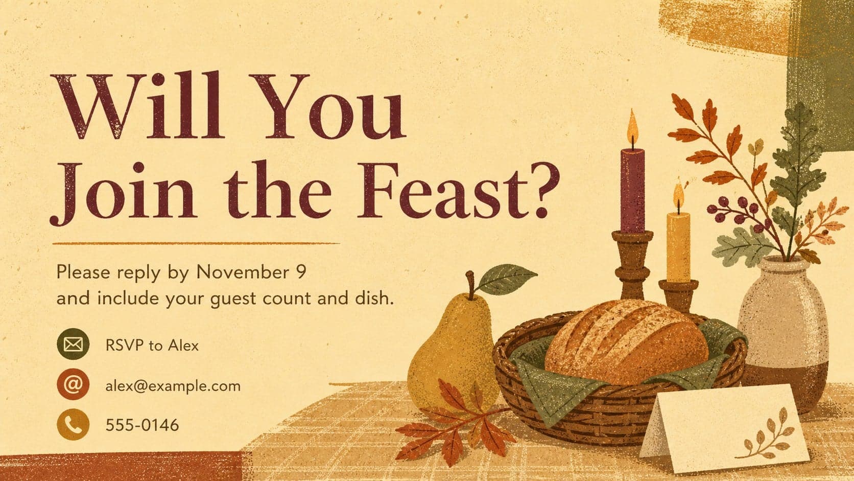 Friendsgiving RSVP invitation deck slide with contact details, reply deadline, and original harvest-themed illustrations.