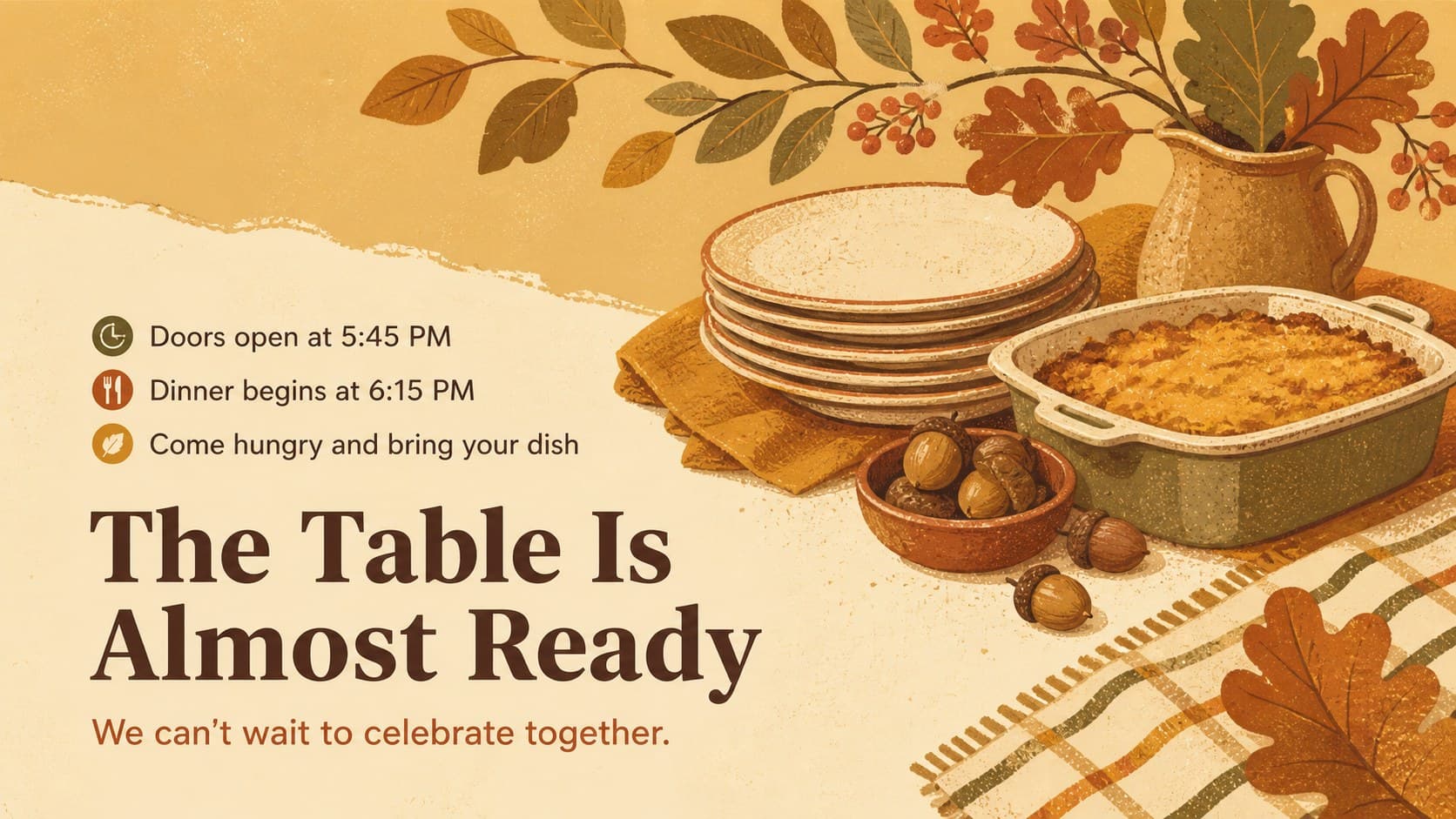Final reminder from a cozy Friendsgiving invitation slide deck featuring arrival notes and warm seasonal artwork.