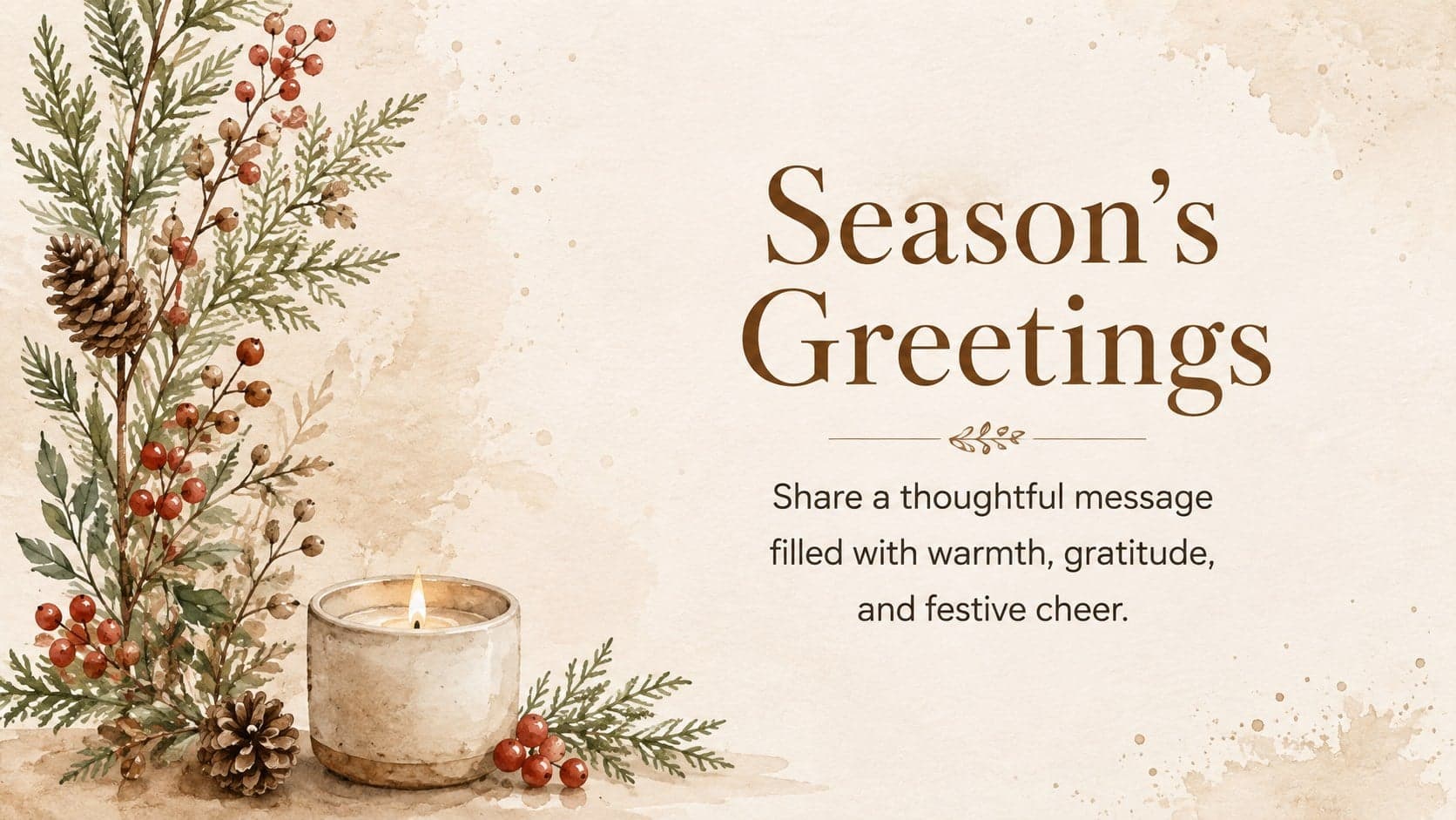 Watercolor Christmas welcome slide with botanical foliage and a short seasonal greeting.