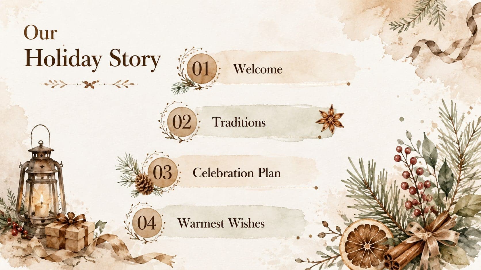 Holiday presentation agenda with four topics framed by watercolor winter foliage.