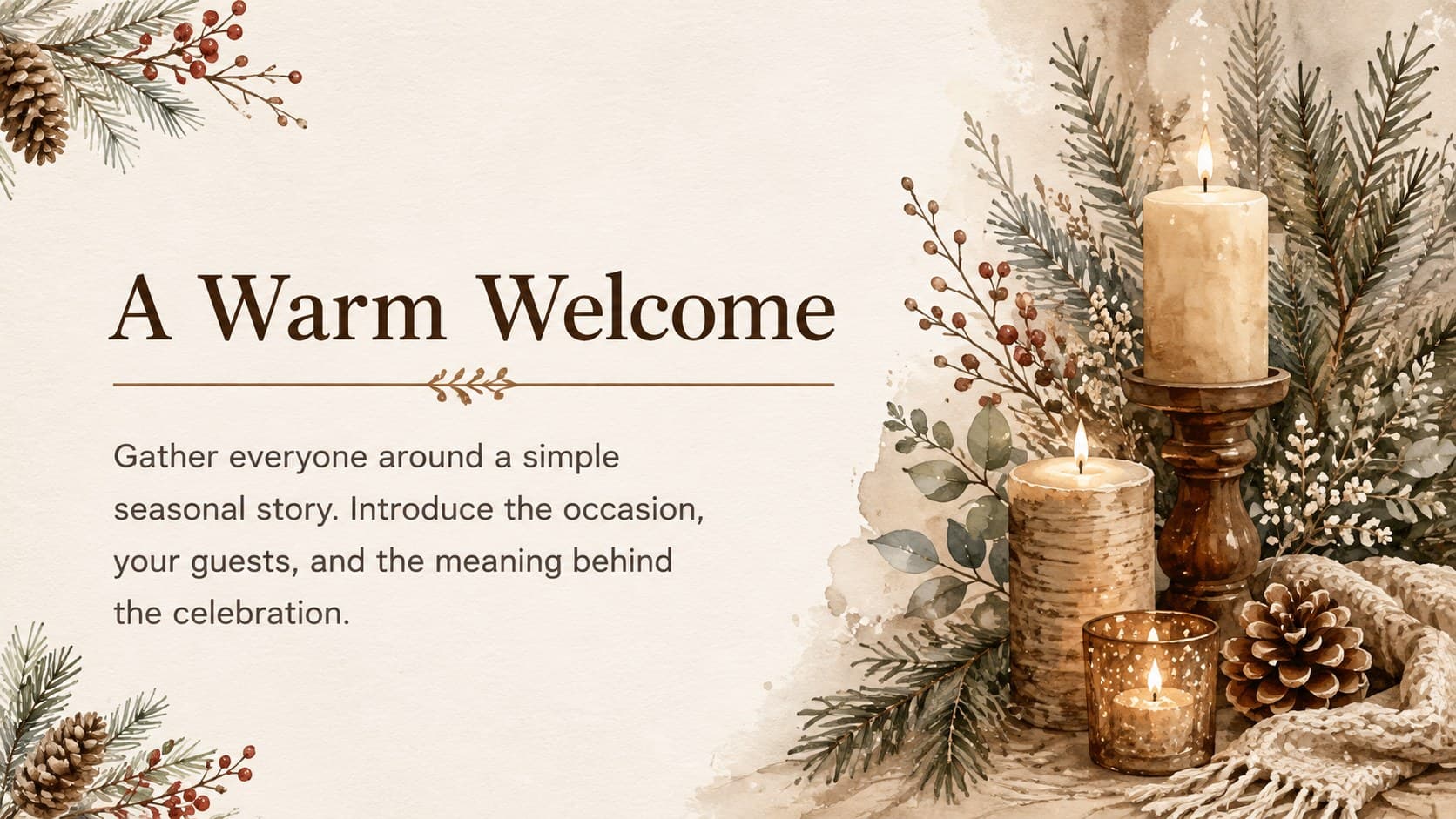 Cozy Christmas presentation template page with a welcome message and watercolor candle arrangement.