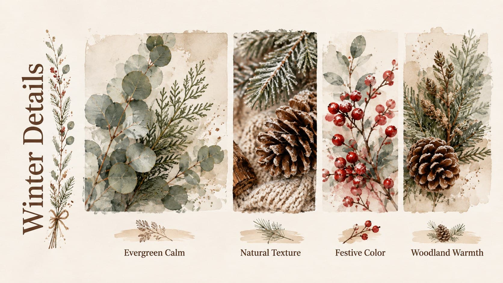 Watercolor winter foliage slides showing four botanical details in an editorial grid.