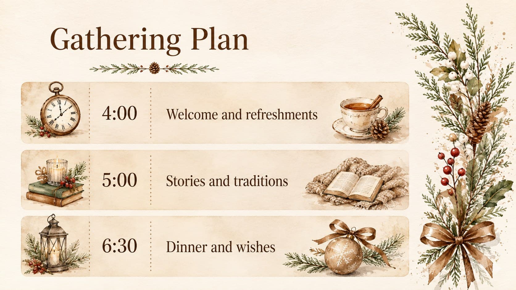 Holiday event schedule with three time blocks and rustic botanical watercolor accents.