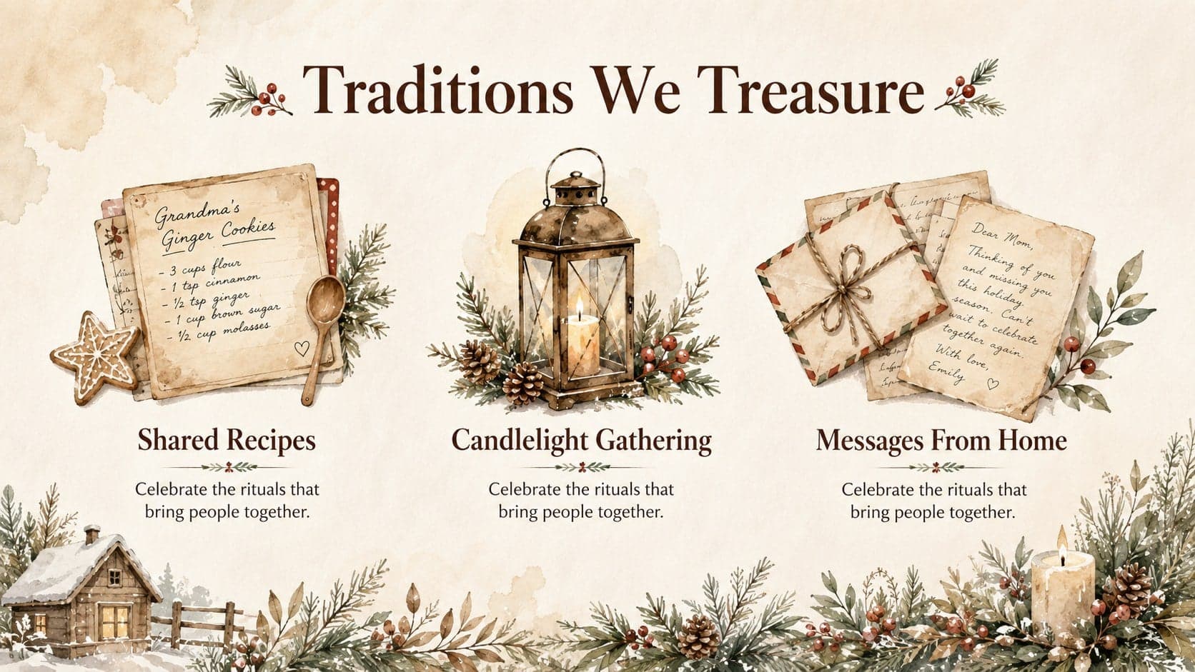 Brown botanical Christmas slide comparing three treasured seasonal traditions.
