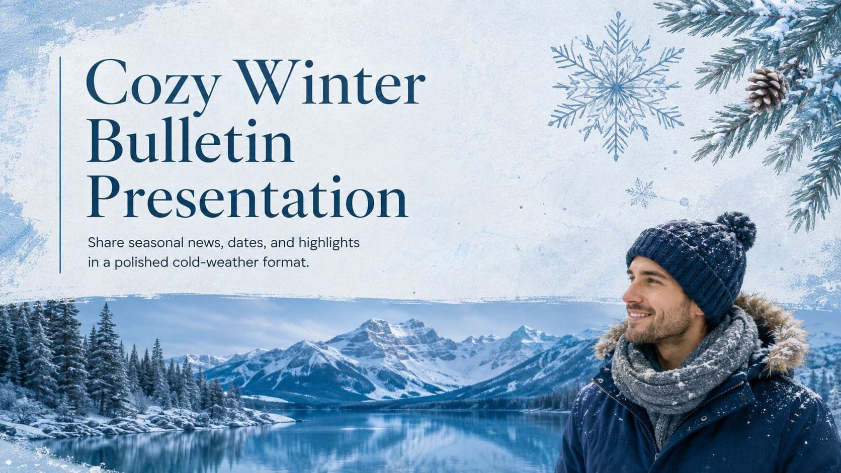 Cover of a cozy winter bulletin presentation with an editorial headline, snowy seasonal accents, and a clean photo area.