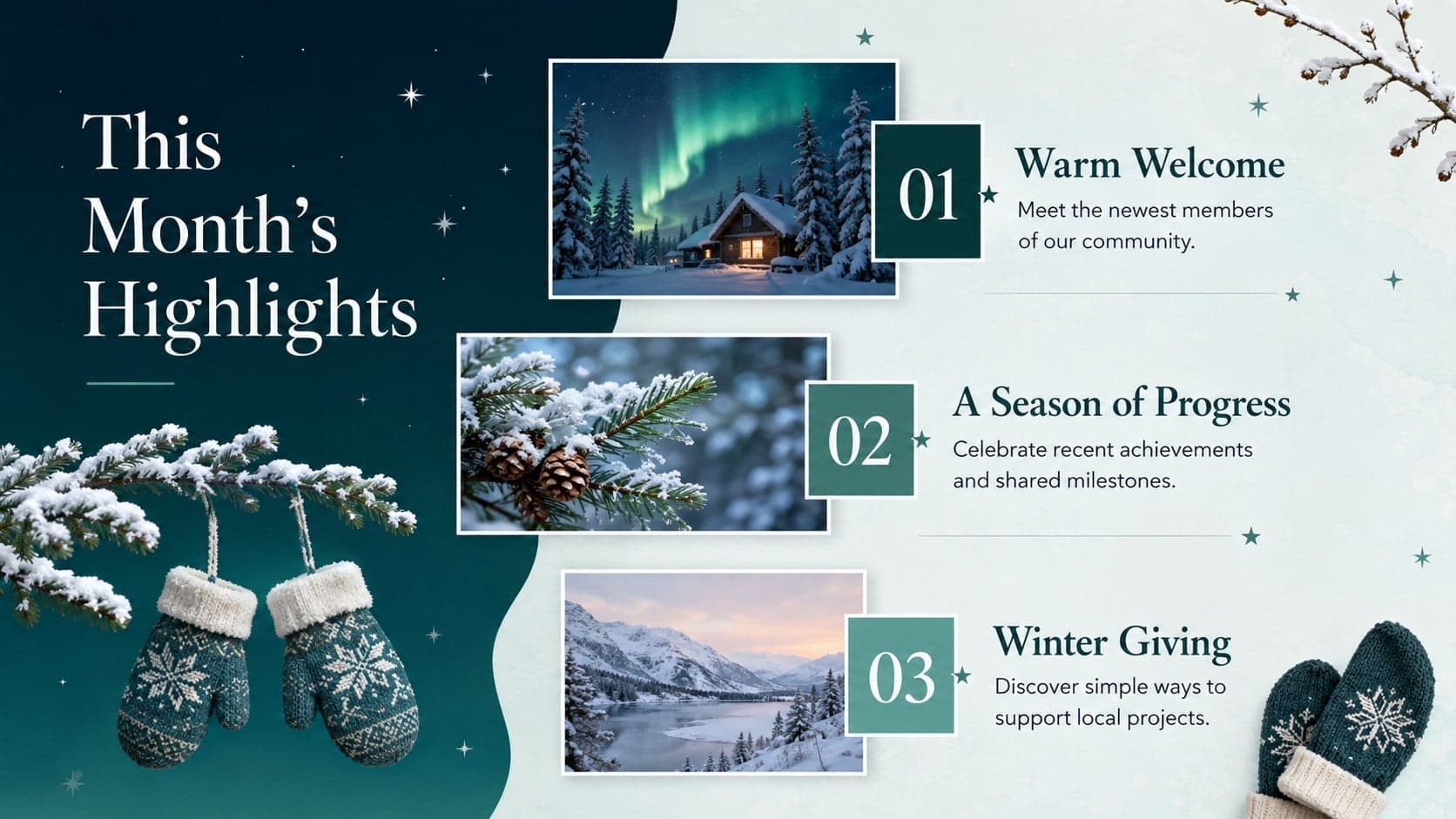 Winter newsletter presentation overview featuring three seasonal news stories with dates, images, and concise summaries.