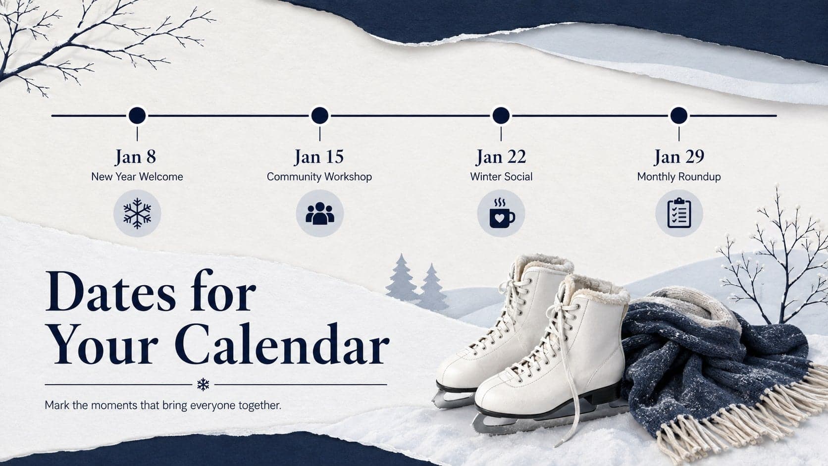 Seasonal events calendar slide with winter dates, short activity descriptions, and snow-themed editorial decoration.