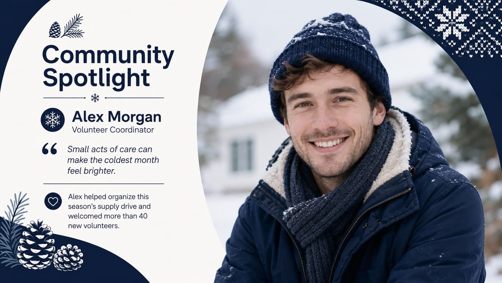 Community spotlight layout for a cozy winter bulletin presentation with a large portrait, quotation, and achievement summary.