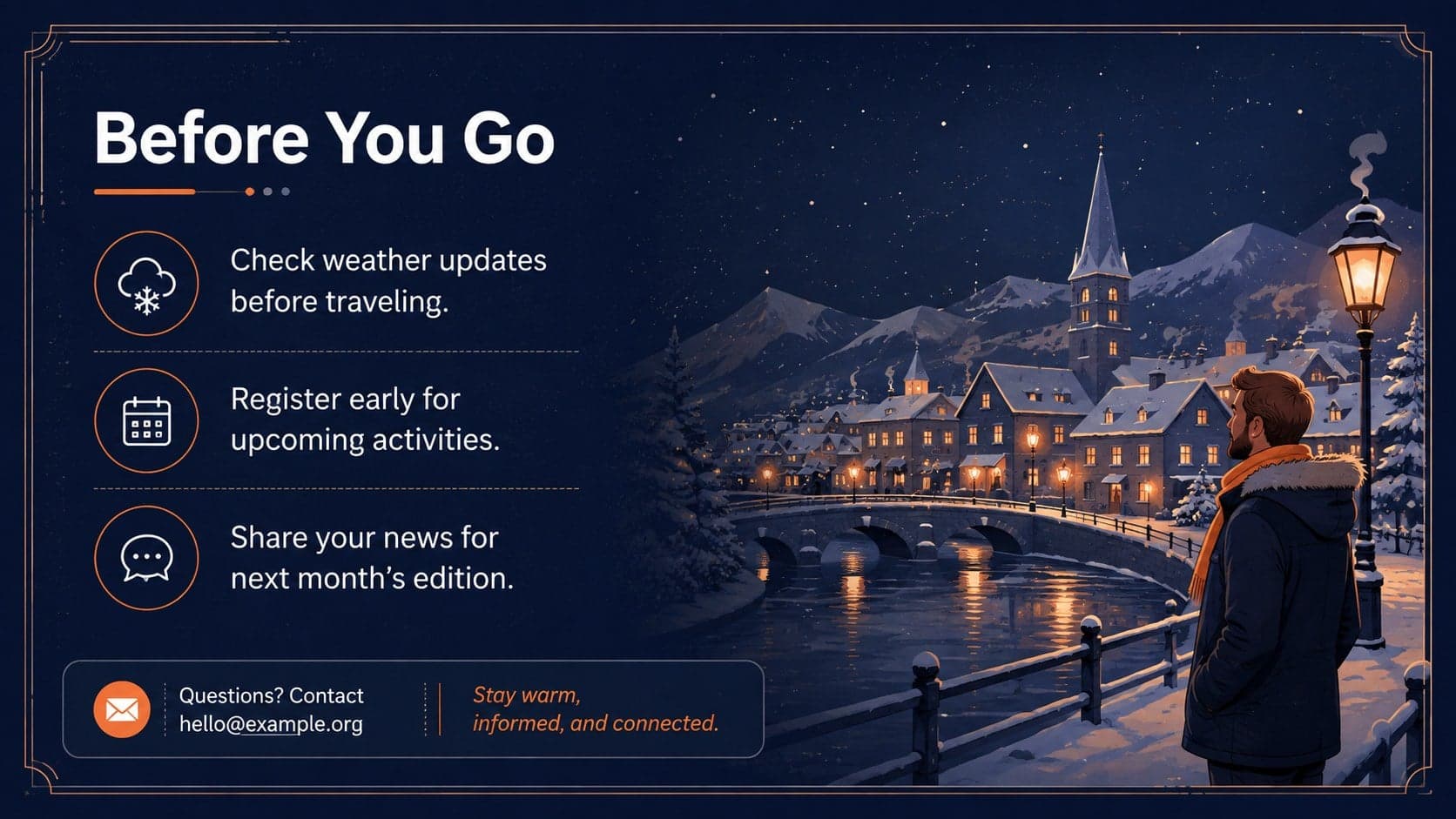 Closing winter bulletin slide showing practical reminders, contact details, and an original snowy landscape illustration.