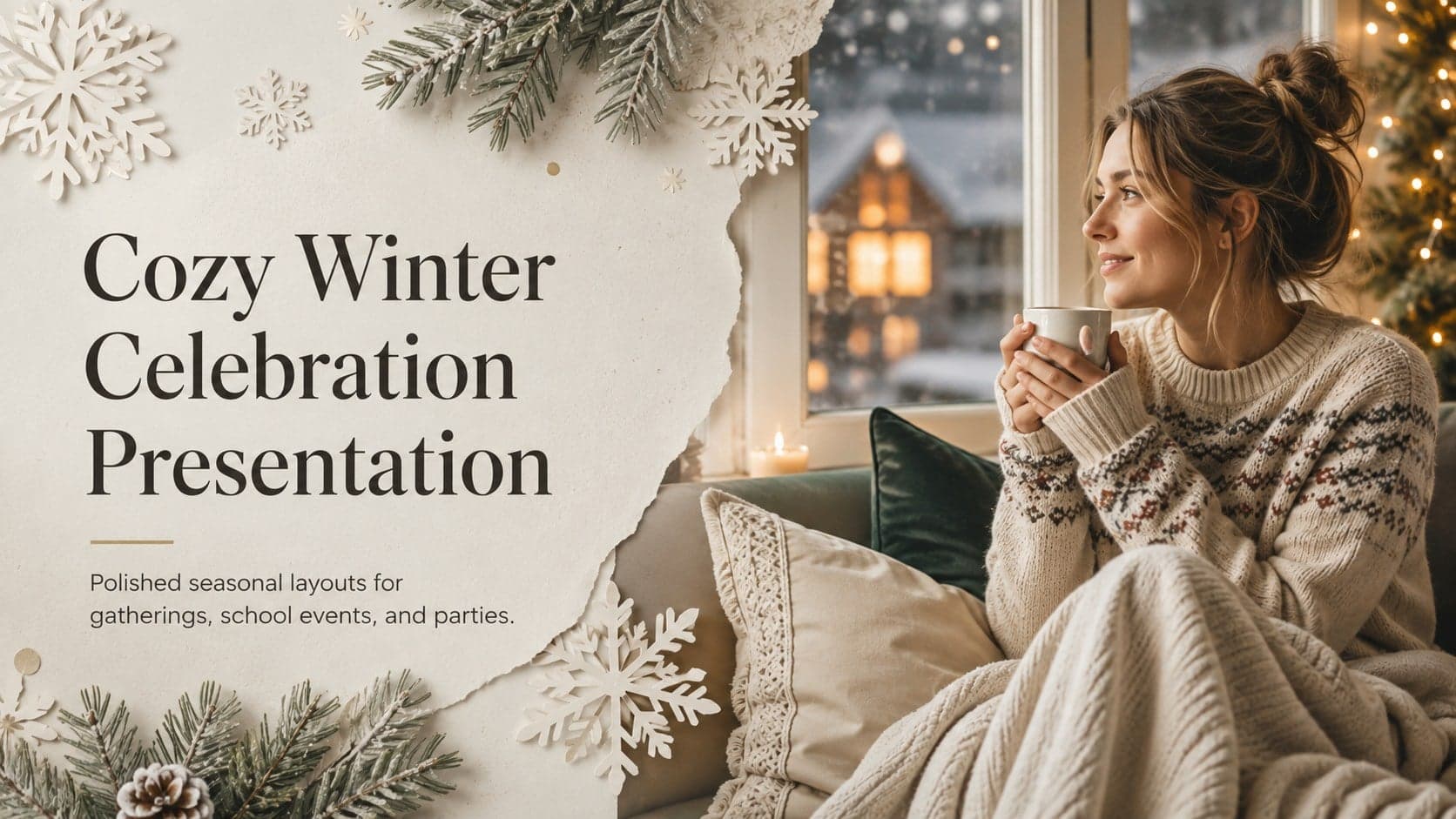 Cover of a cozy winter celebration presentation with elegant seasonal decorations and a warm neutral palette.