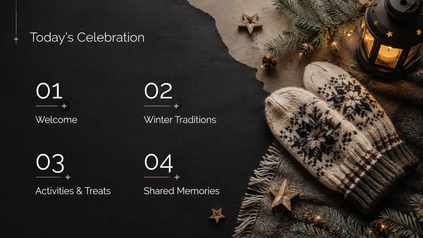 Winter celebration presentation agenda outlining stories, plans, activities, and shared memories.
