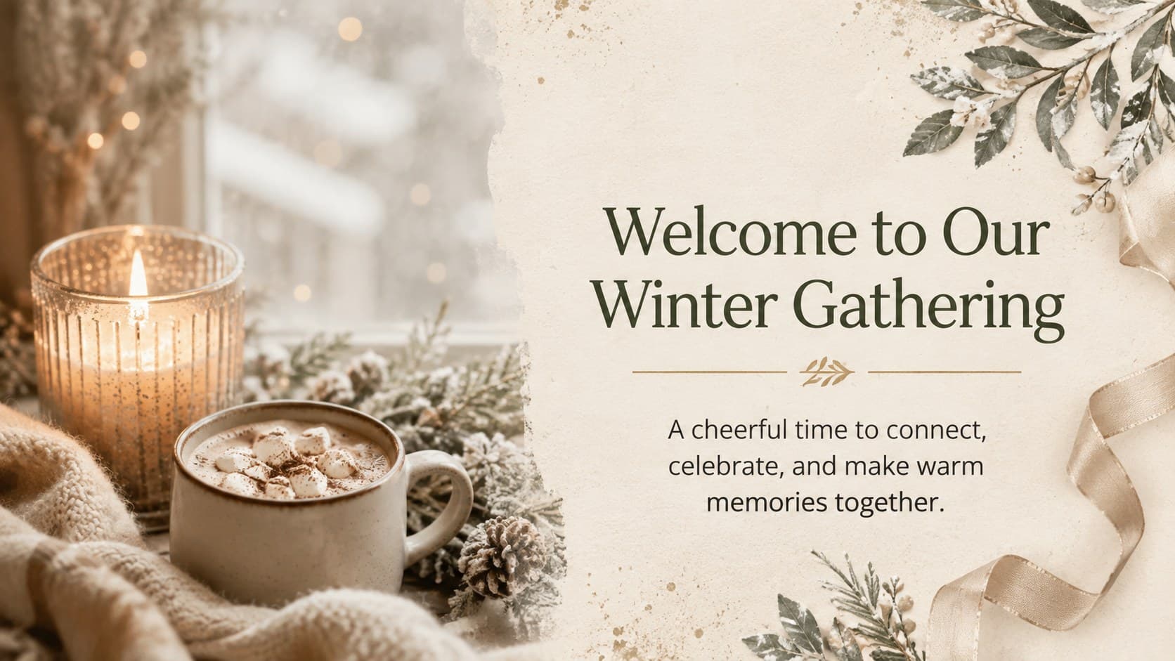 Cozy seasonal party presentation slide welcoming guests to a shared winter gathering.