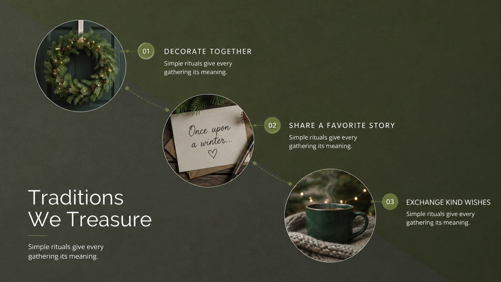 Winter traditions presentation template featuring three seasonal customs in an editorial layout.