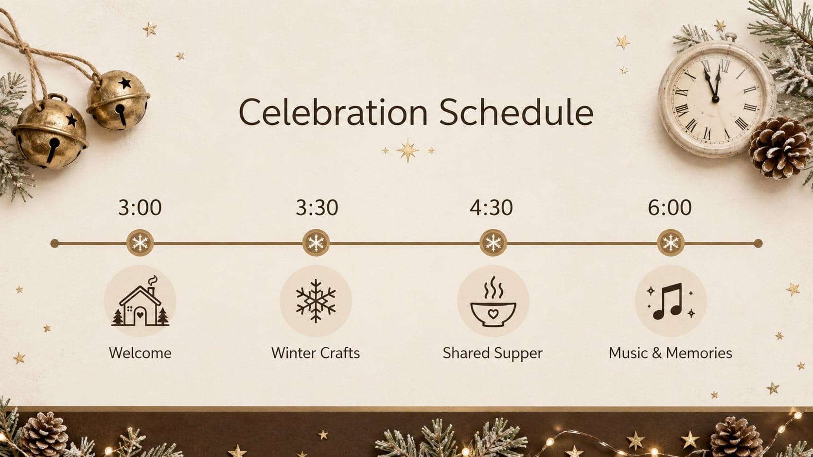 Festive event schedule presentation showing an afternoon-to-evening winter party timeline.