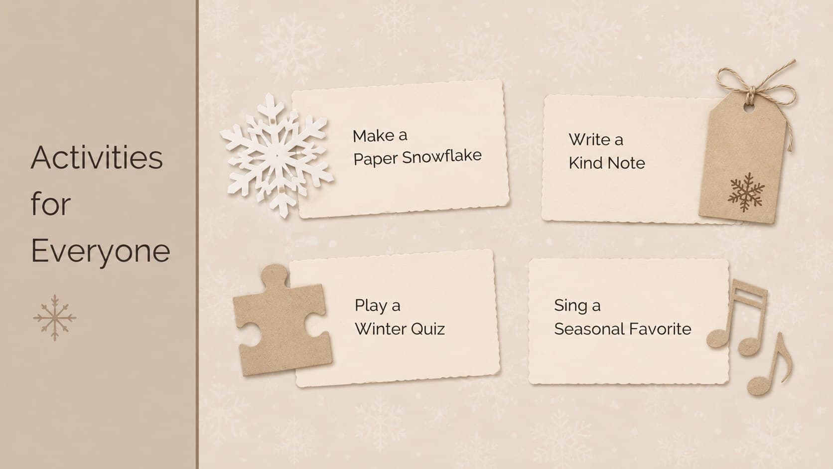 Seasonal classroom party slides listing creative, playful, and collaborative winter activities.