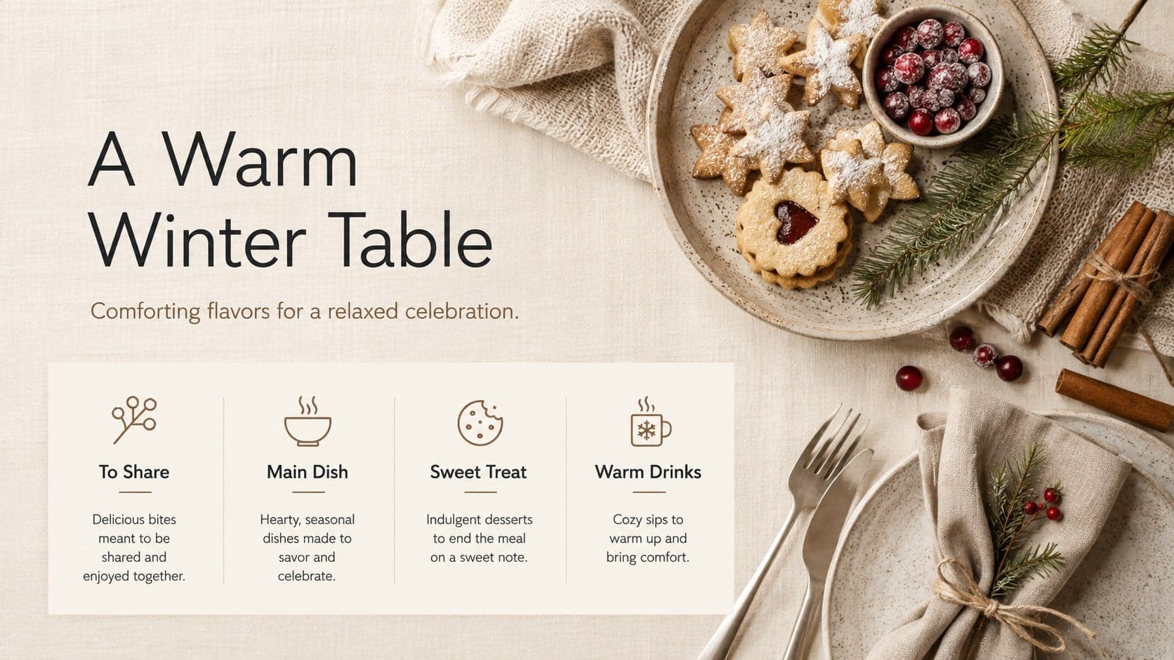 Family Christmas gathering slideshow page presenting a simple menu of seasonal food and drinks.