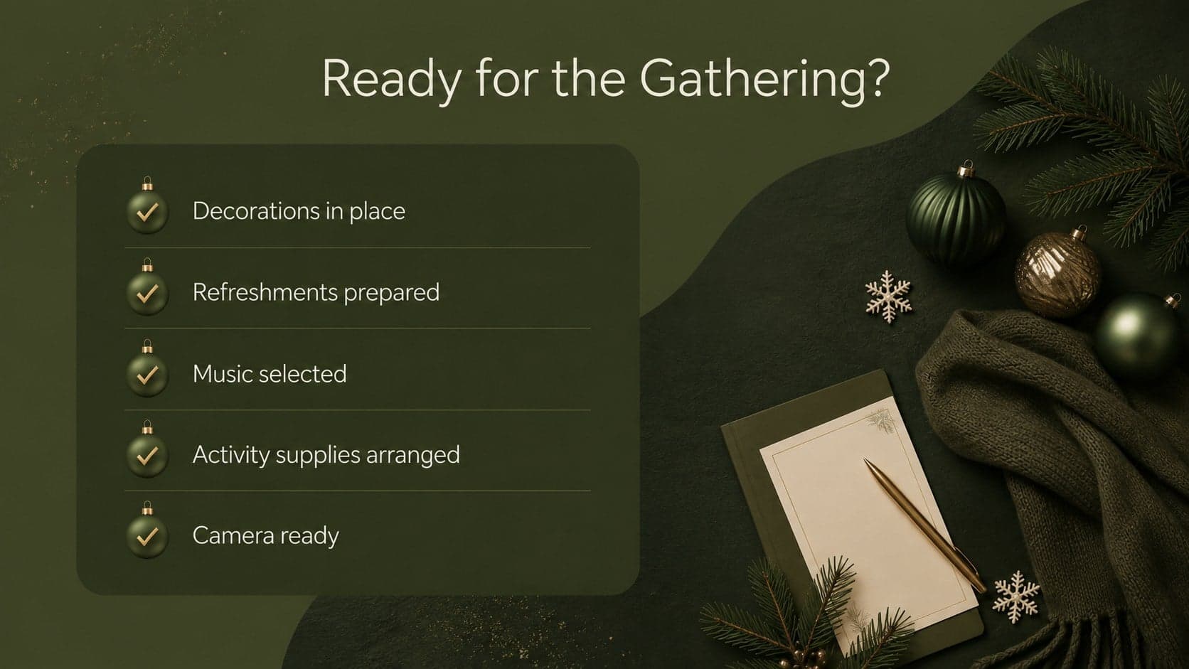 Winter holiday event presentation with a checklist for decorations, refreshments, music, and supplies.