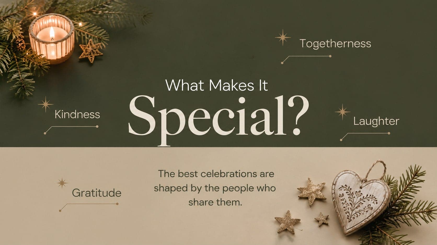 Editable winter celebration deck slide highlighting kindness, laughter, gratitude, and togetherness.
