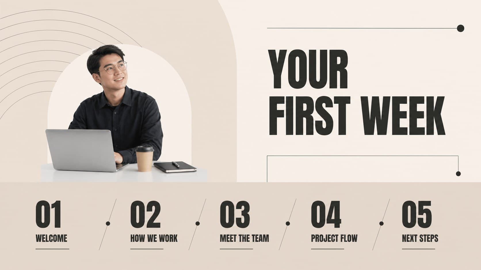 Agenda slide outlining the welcome, culture, people, workflow, and first-week priorities in a creative agency onboarding deck.