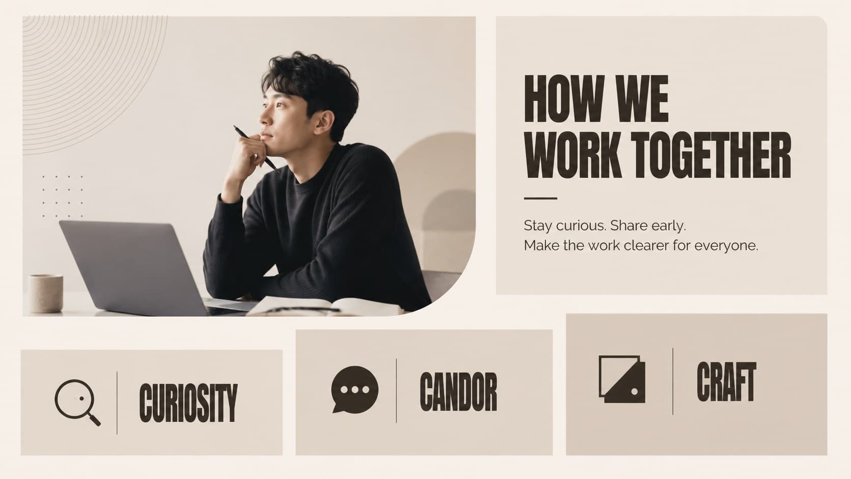 Company culture slide presenting the principles that guide a creative agency team.