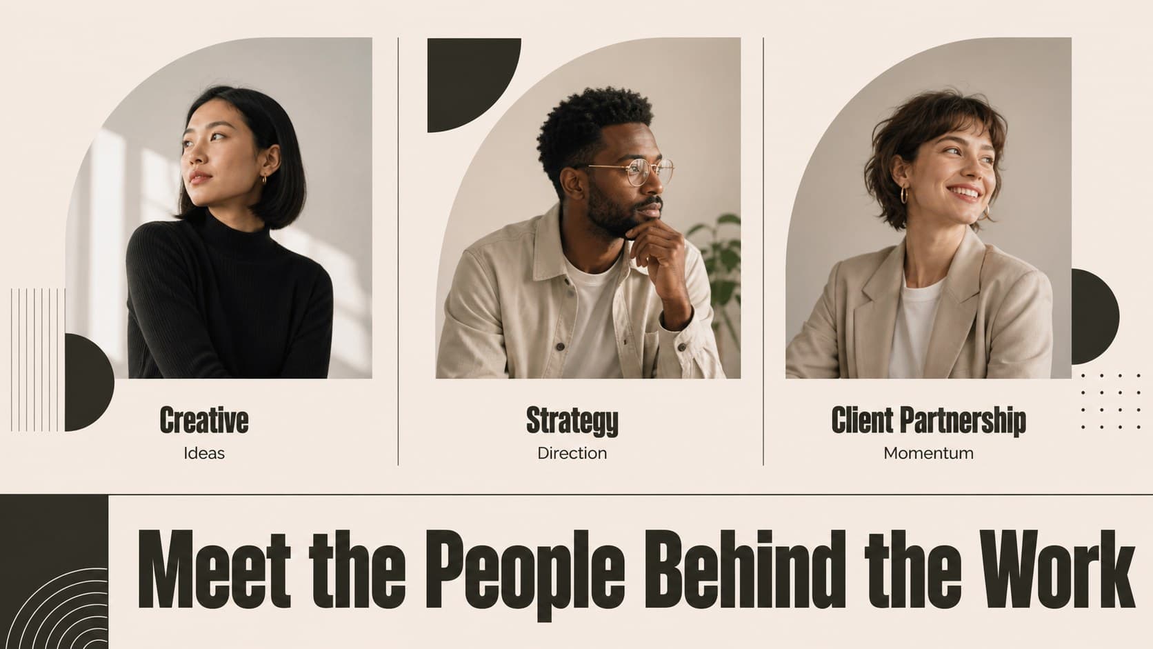 Team introduction slide showing creative, strategy, and account roles for new agency employees.