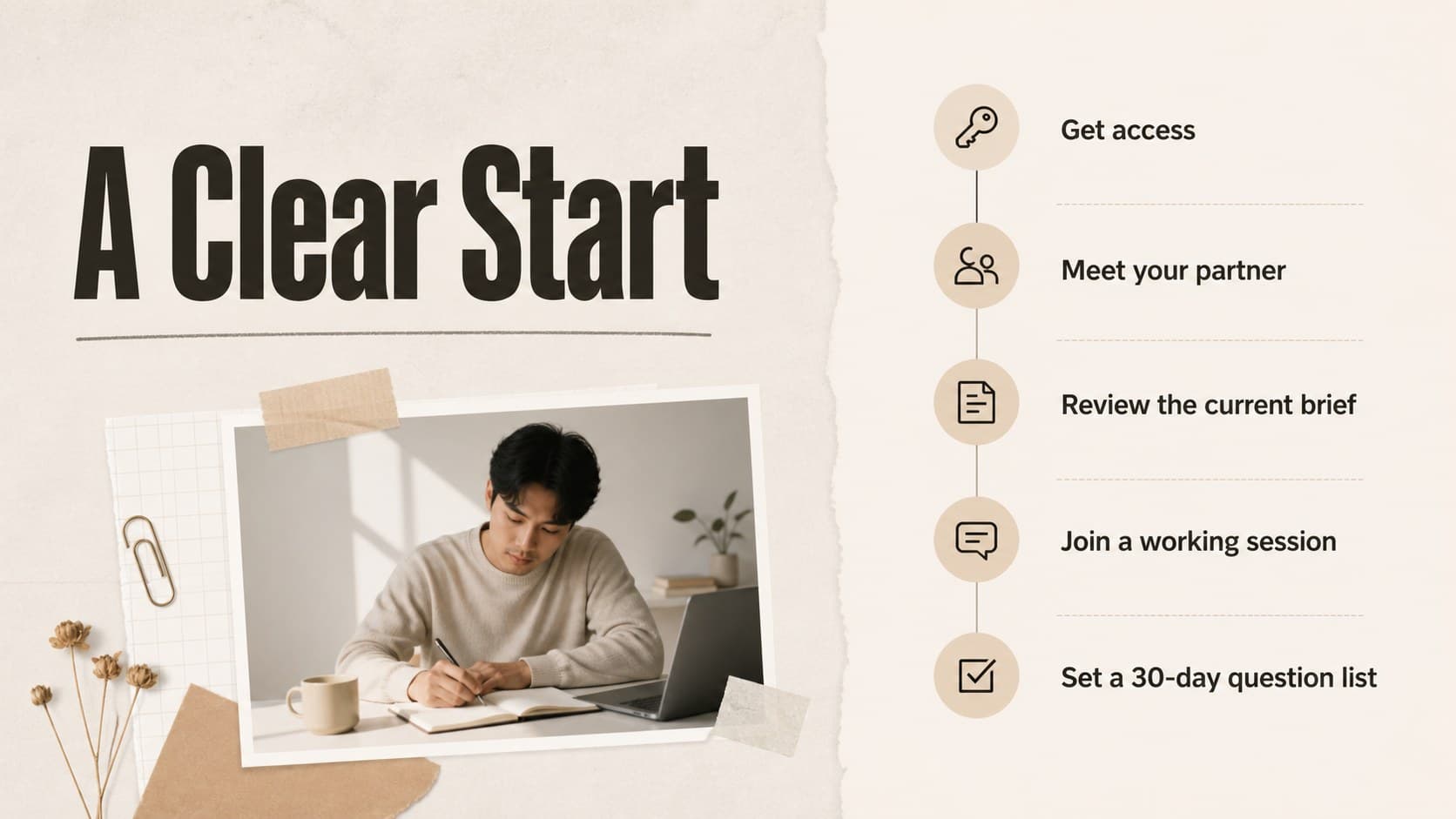First-week employee welcome slide listing practical setup tasks and early conversations.