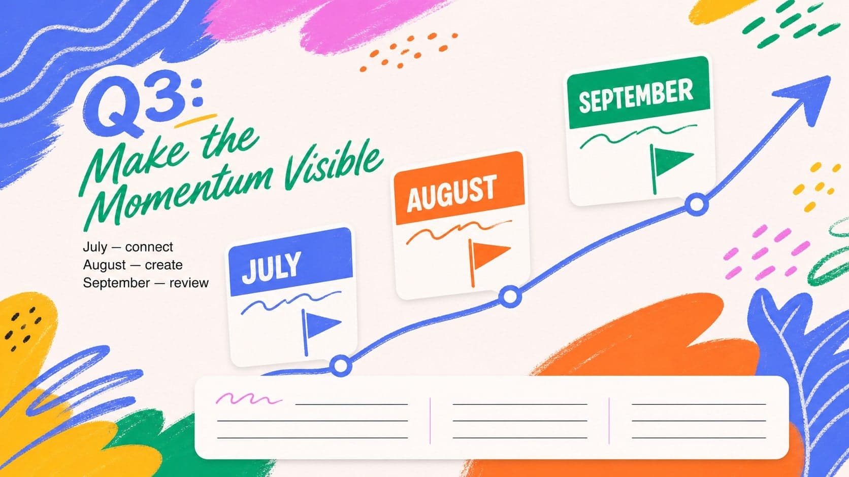 July to September calendar roadmap slide with vivid lettering, milestone flags, and colorful planning blocks.