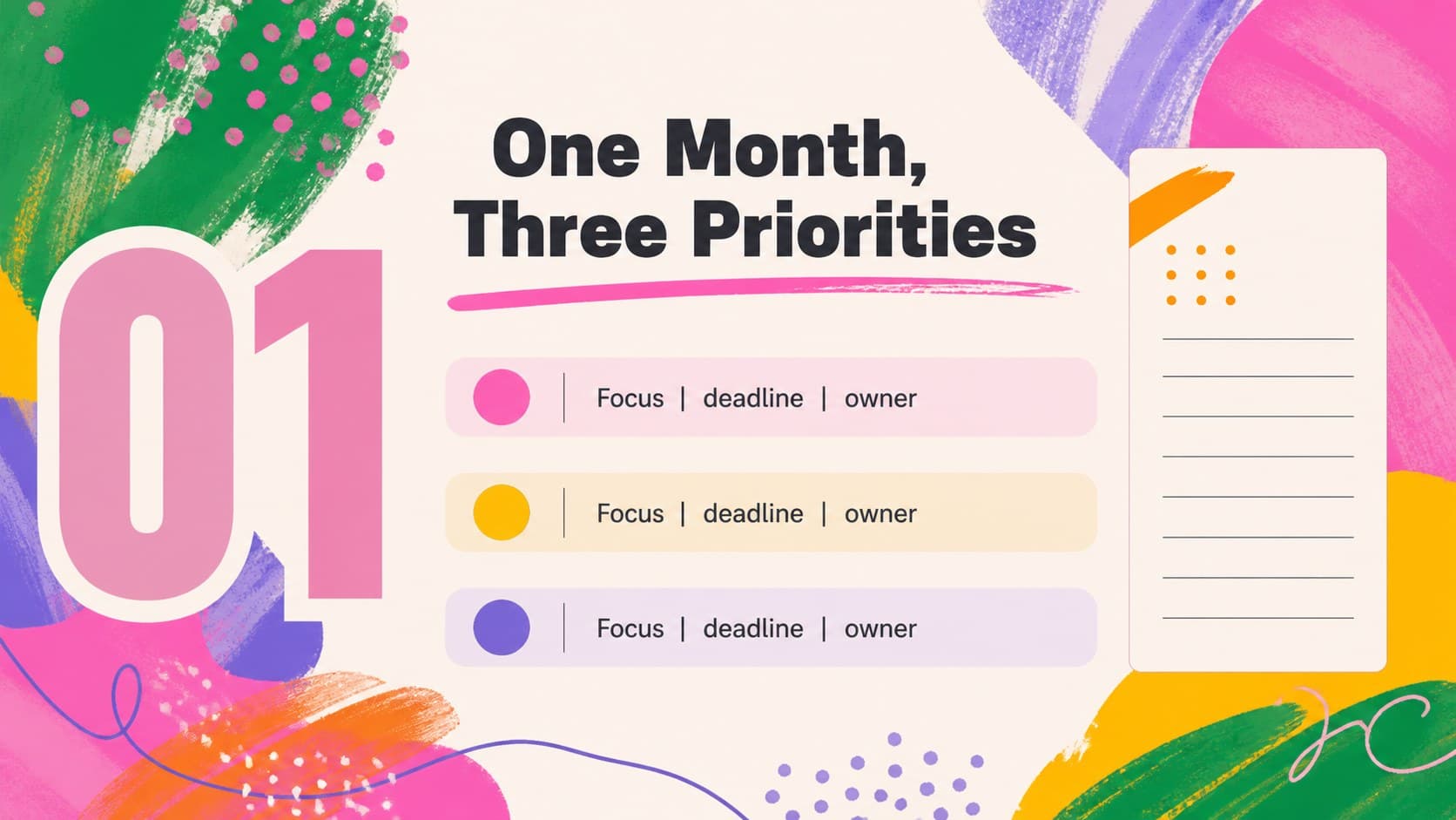 Monthly focus slide for colorful calendar slides with a large date area and three priority prompts.